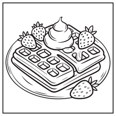 Cute Waffle and Strawberry Food Coloring Page – Black and White Line Art Vector for Kids and Adult Coloring Book