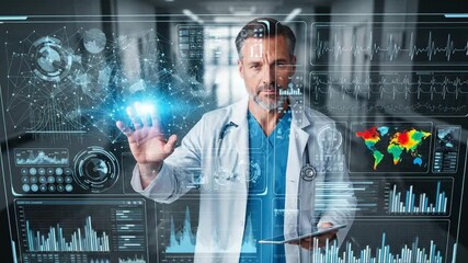 Doctor interacts with futuristic holographic medical data displaying global health trends and vital signs - Powered by Adobe