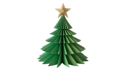 Green Paper Christmas Tree with Gold Stars Isolated on Transparent Background