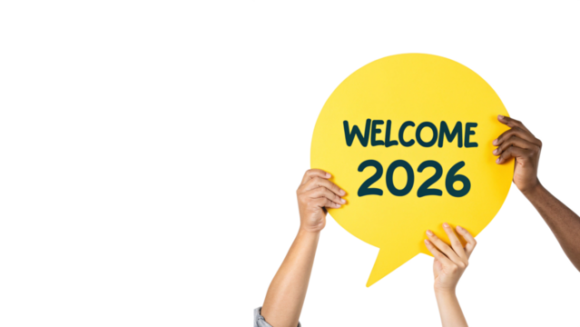 Hands Holding Welcome 2026 Speech Bubble Isolated on Transparent Background