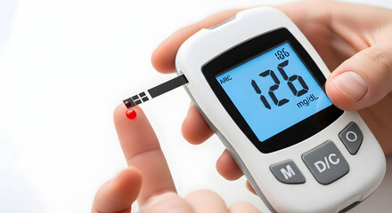 Person checking blood sugar level with digital glucometer