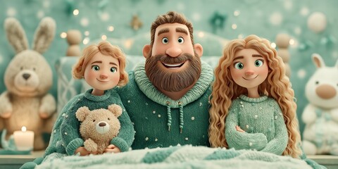 3D animation of parents reading a bedtime story to their child in a cozy, cute bedroom, creating a warm and peaceful nighttime moment