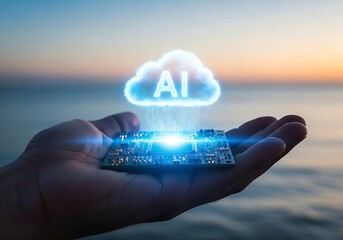 Hand Holding Circuit Board with A I Cloud Hologram at Sunset