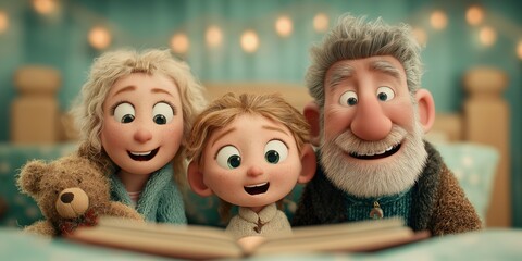 3D animation of parents reading a bedtime story to their child in a cozy, cute bedroom, creating a warm and peaceful nighttime moment