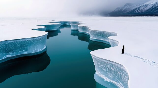 A lone person stands on a snowy ice formation overlooking a body of water in a cold, arctic landscape. The scene is overcast with a moody atmosphere.