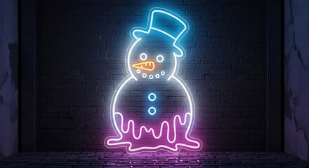 Melting snowman neon sign illuminates a dark brick wall with vibrant blue and pink hues