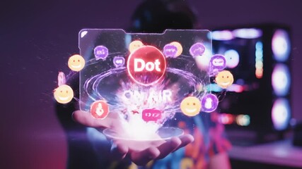 Holding an Augmented Reality Hologram Display With on Air Message and Social Media Icons - Powered by Adobe