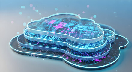 Futuristic 3D cloud computing concept with glowing digital data layers