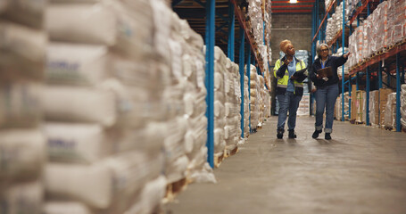 Clipboard, team and logistics with people in warehouse for shipping partner, radio and quality control. Tablet, inventory manager and ecommerce inspection with employees pointing for freight