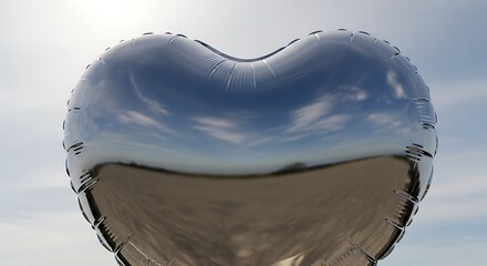Reflective heart shaped balloon mirrors the sky and ground in a unique outdoor perspective
