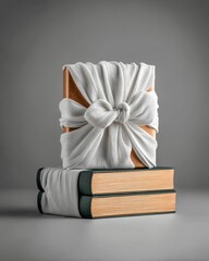 Two books wrapped in white fabric, stacked on a gray surface, with a minimalist aesthetic.