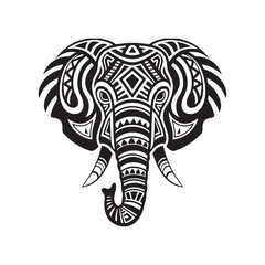  Silhouette Elephant Head in Tribal Tattoo Style with Detailed Geometric Patterns.