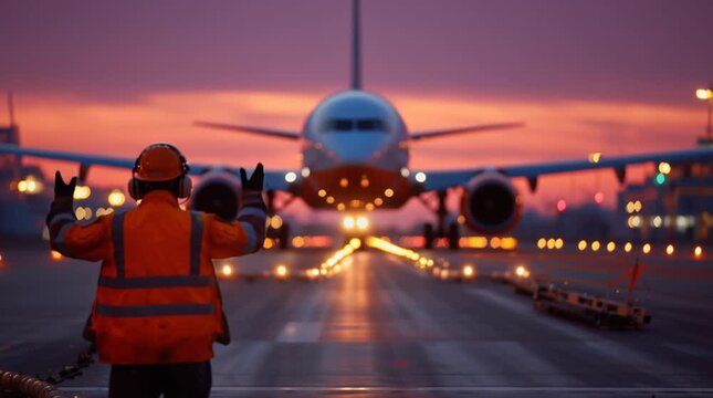 Airport worker overseeing plane takeoff at  dusk.