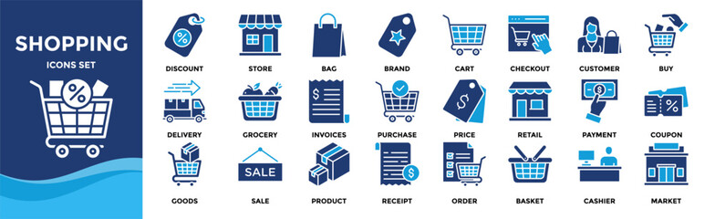 Shopping icon set collection. Icon pack contains cart, bag, store, buy, checkout, payment, discount, price, coupon, product, order, delivery, purchase, market, retail, cashier