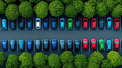 Aerial view of parked cars in a parking lot, surrounded by green trees. The image showcases a colorful arrangement of vehicles.