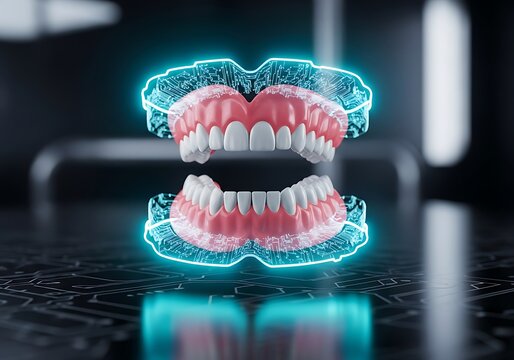 Dentures with Glowing Circuitry on Dark Reflective Surface