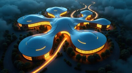 Futuristic glowing organic structure floating in a dark atmospheric environment