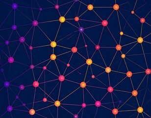 A network illustration showing interconnected spheres joined by lines, creating a web-like pattern over a dark blue background