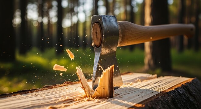 Axe chopping wood on a tree stump in a forest setting with flying wood chips