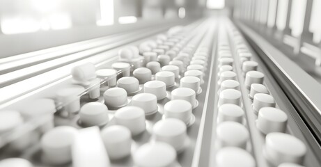 Rows of white and yellow capsules and tablets moving along a conveyor belt in a pharmaceutical manufacturing production line