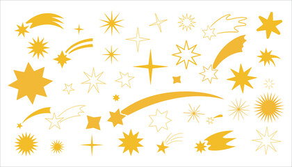 Collection of yellow stars and shooting stars on white background comet celestial