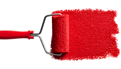 Close up of a red paint roller applying vibrant red paint to a surface isolated on transparent background