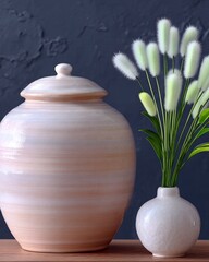 A still life composition featuring a large ceramic jar, a small vase with flowers, and a textured dark blue backdrop. The scene is set on a wooden surface.