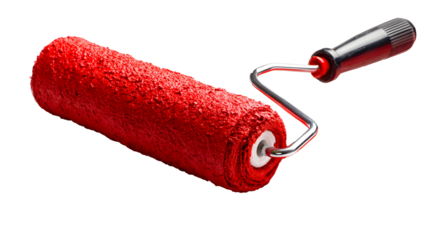 A textured red paint roller with a metallic handle and black grip showcasing its surface detail isolated on transparent background