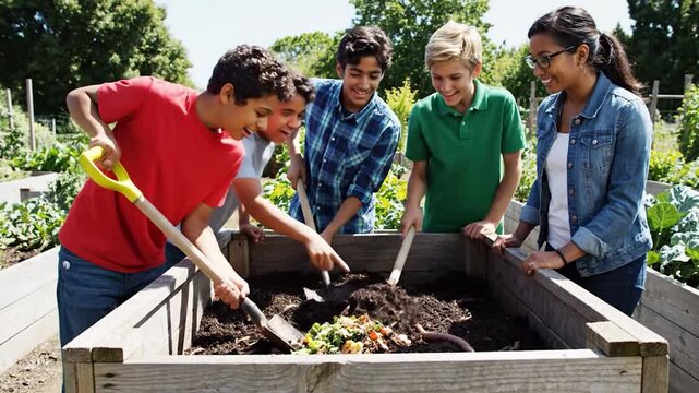 Diverse group of students actively composting in a garden.
