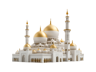 Majestic White Mosque with Golden Domes and Minarets on a transparent background