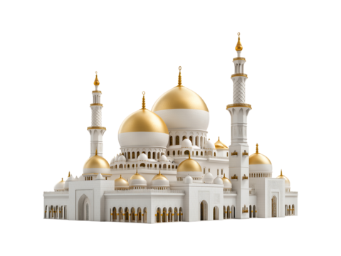 Majestic White Mosque with Golden Domes and Minarets on a transparent background
