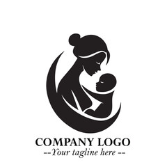 Obraz premium Mom and Baby Vector Illustration in Black on White Background for Gentle Minimalist Design Art Style
