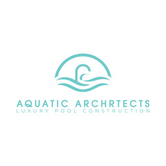 The simple, elegant blue logo features an arched pool surrounded by flowing waves. The central abstract shape represents luxury custom construction for high-end homeowners.