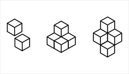 Three isometric line art cube arrangements showing increasing complexity cubes geometric