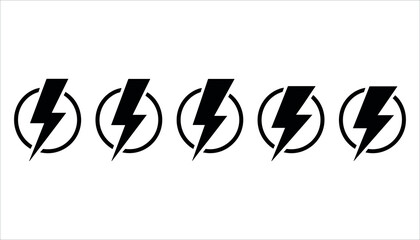 Five black lightning bolt symbols inside circles on white background electricity power