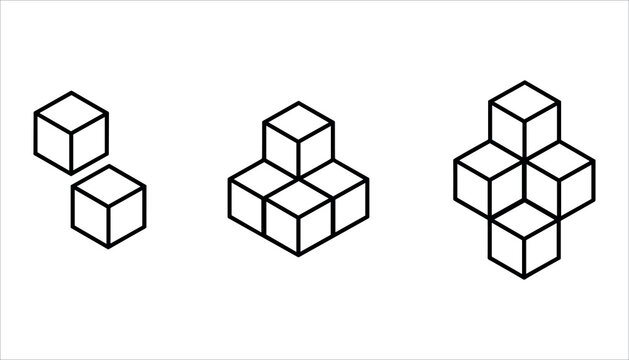 Three isometric line art cube arrangements showing increasing complexity cubes geometric
