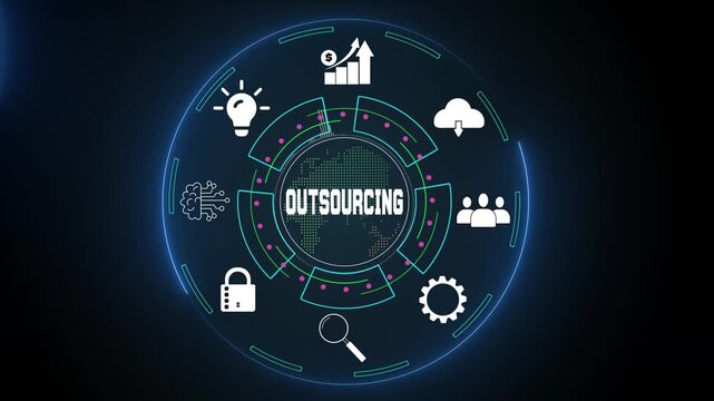 Global business outsourcing strategy, visualising secure data transfer, external partnership, and cost-effective management solutions