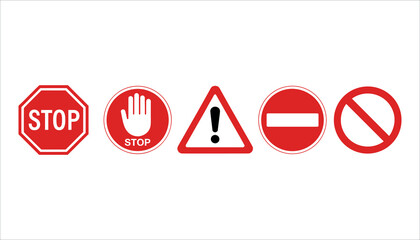 Collection of five red and white traffic and prohibition signs on white background stop sign warning sign