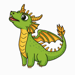 Obraz premium Cute green baby dragon with orange wings vector. Funny cartoon fantasy monster character illustration