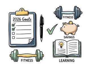 Hand-drawn illustration set showcasing personal development goals for 2026, including fitness, financial savings, and continuous learning