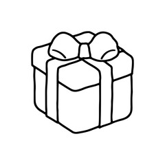 Hand drawn gift box with ribbon bow line art for coloring. Hand drawn doodle sketch of christmas character icon outline vector illustration