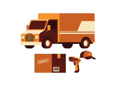 Delivery service with truck, barcode scanner, package and cap