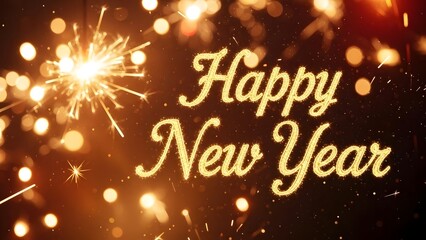 Sparkling golden text that reads happy new year with bright fireworks and bokeh lights in a festive celebration background.