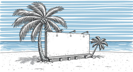 A captivating hand-drawn illustration shows a blank billboard on a tropical beach, flanked by palm trees and the ocean, perfect for advertising or summer promotions.