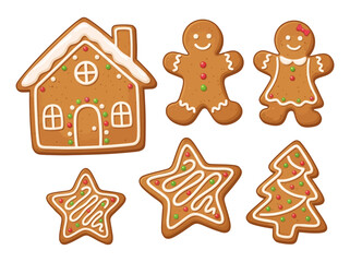 Fototapeta premium A festive collection of decorated gingerbread cookies including a house, man, woman, stars, and a tree, perfect for holiday celebrations