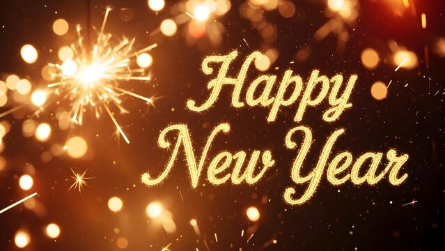 Sparkling golden text that reads happy new year with bright fireworks and bokeh lights in a festive celebration background. - Powered by Adobe