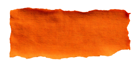 Roughly torn textured paper fragment with vibrant orange and red hues showing a fibrous surface isolated on transparent background