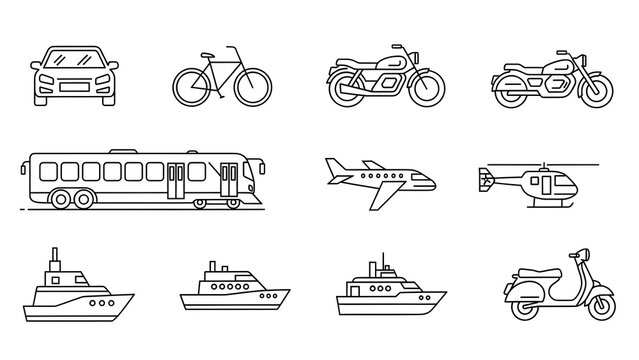 Line art illustration presenting various transportation methods including car, bicycle, and airplane.