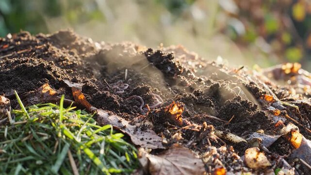 Compost pile steaming in the sun organic waste decomposition.