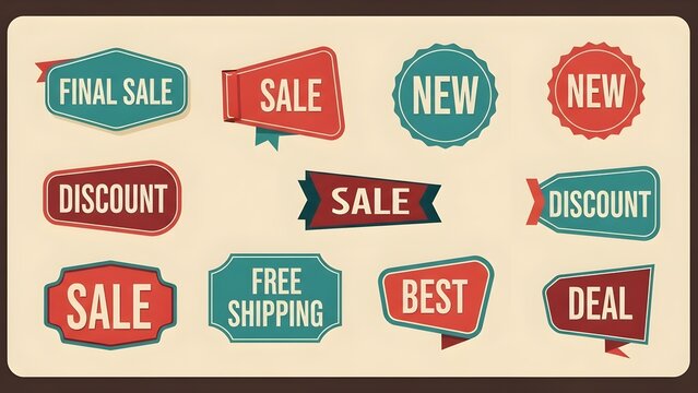 Collection of twelve retro styled sale and discount badges on a cream background.